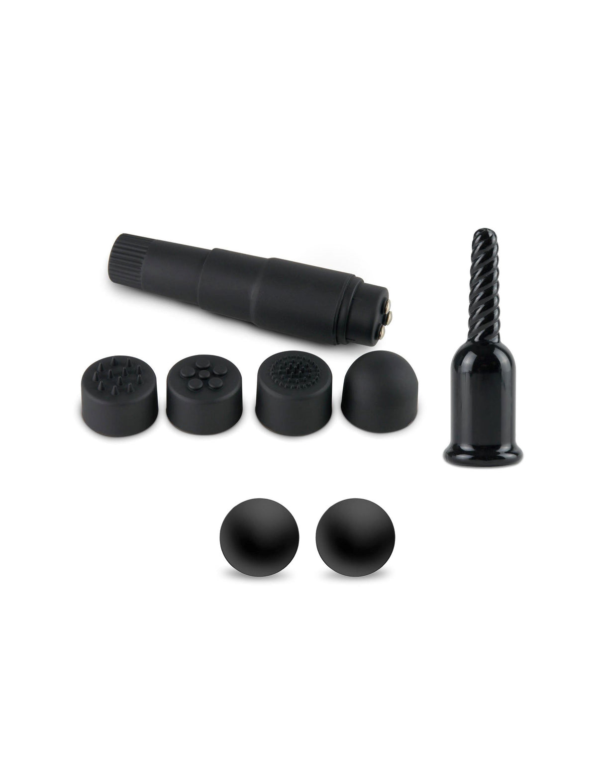 Fetish Fantasy Limited Edition Ultimate Bondage Kit components including a massager and various attachments in black.