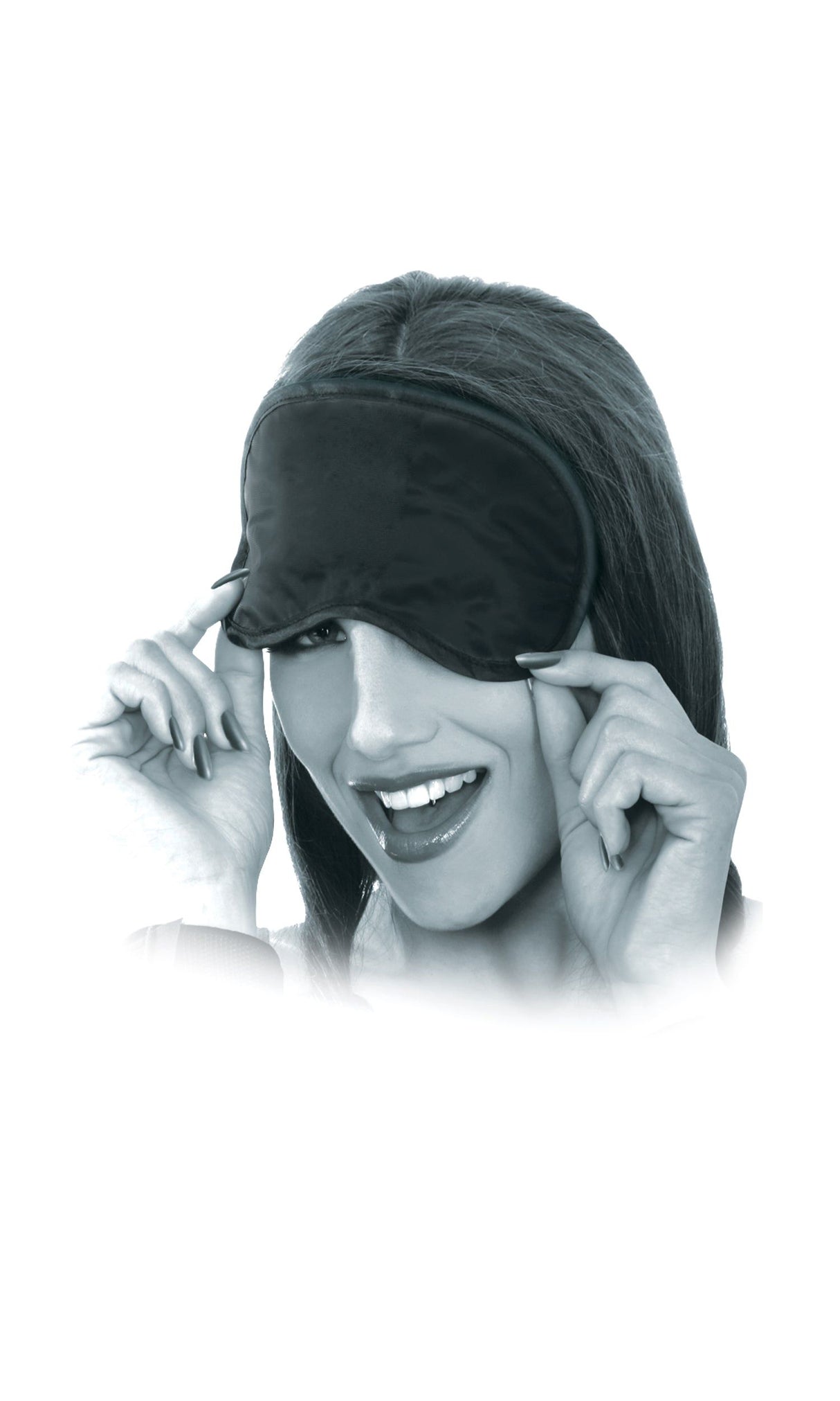 Woman playfully holding up an eye mask from the Fetish Fantasy Limited Edition Lovers Fantasy Kit.
