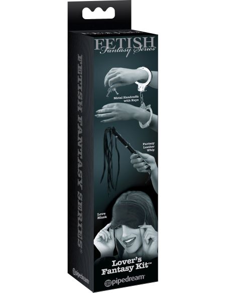 Fetish Fantasy Limited Edition Lovers Fantasy Kit includes metal handcuffs, a love mask, and a teasing paddle.