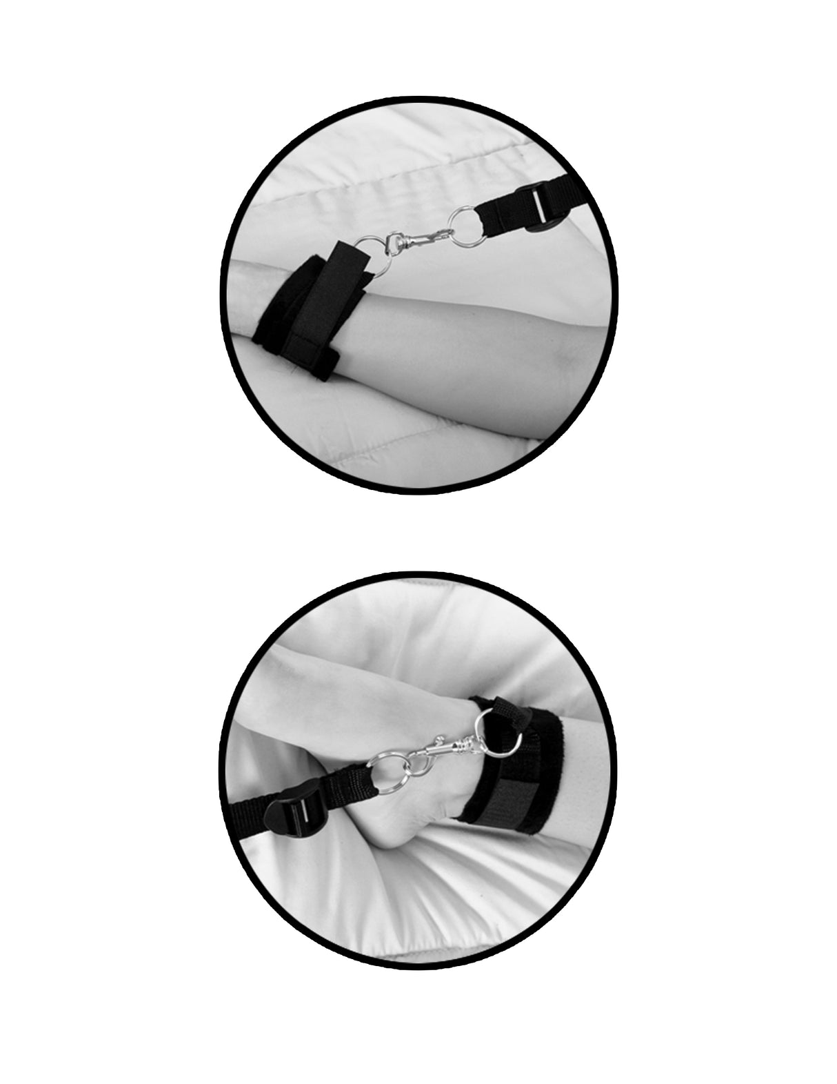 Fetish Fantasy Wraparound Mattress Restraints Black featuring hand and foot cuffs for bondage play.