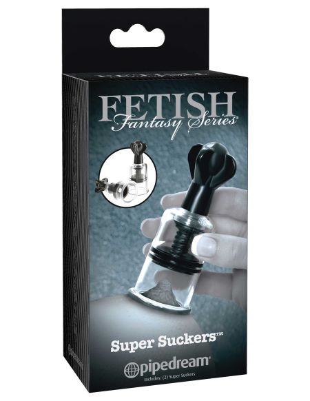 Fetish Fantasy Super Suckers Nipple Pumps Black packaging featuring nipple suckers for enhanced sensitivity.