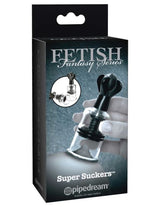 Fetish Fantasy Super Suckers Nipple Pumps Black packaging featuring nipple suckers for enhanced sensitivity.