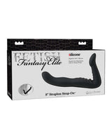 Fetish Fantasy Elite 8 Inch Strapless Strap On Black packaging showcasing premium silicone design and ergonomic curves.