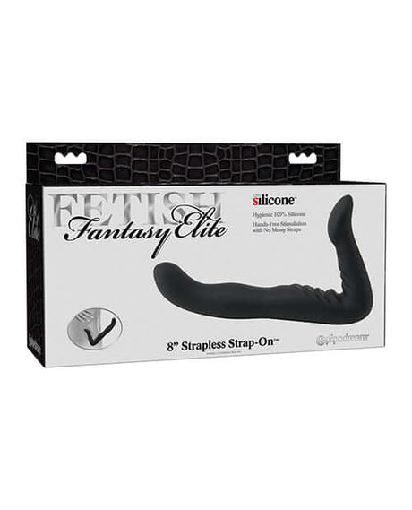 Fetish Fantasy Elite 8 Inch Strapless Strap On Black packaging showcasing premium silicone design and ergonomic curves.