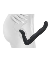 Fetish Fantasy Elite 8 Inch Strapless Strap On Black showing its curve and design for hands-free pleasure.