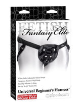 Fetish Fantasy Elite Universal Beginners Harness Black packaging with adjustable straps and silicone O-ring.