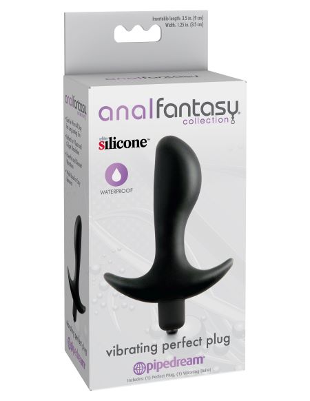 Anal Fantasy Vibrating Perfect Silicone Plug 3.5 Inch Black packaging showing its features and design.
