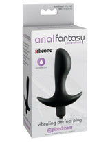 Anal Fantasy Vibrating Perfect Silicone Plug 3.5 Inch Black packaging showing its features and design.