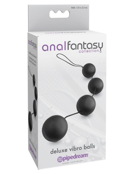 Anal Fantasy Deluxe Vibro Balls Black packaging showing sleek design and inviting features for anal play.