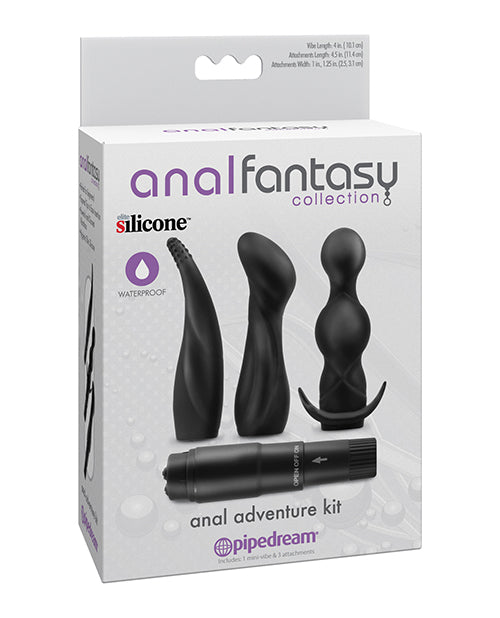 Anal Fantasy Collection Silicone Anal Adventure Kit Black packaging featuring a mini-vibe and three attachments for anal play.