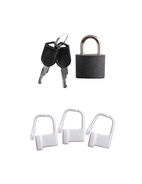 Keys and padlock with three locking clips for Anal Fantasy Elite Ass-Gasm Cock Blocker Chastity Cage.