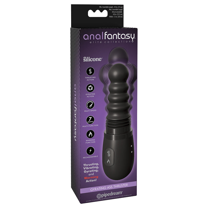 Anal Fantasy Gyrating Ass Thruster Black packaging showcasing thrusting, vibrating, and gyrating features for ultimate pleasure.