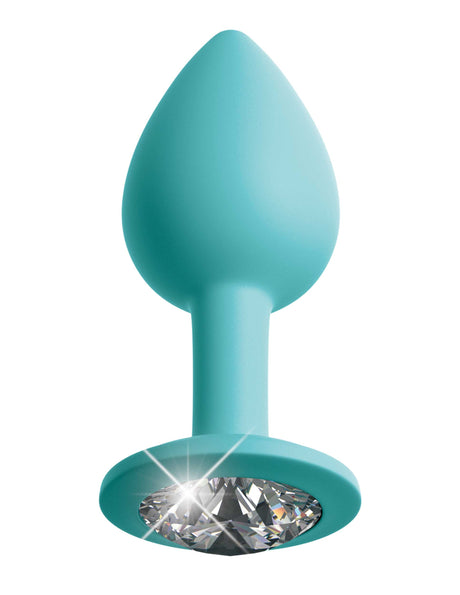 Hookup Panties Secret Gem Diamond Plug XL-2XL diamond butt plug with a turquoise silicone design and sparkling gem base.