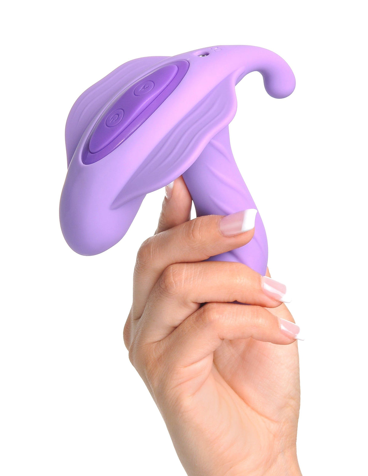 A person holding the Fantasy For Her G-Spot Stimulate-Her Vibrator Purple showcasing its design and controls.