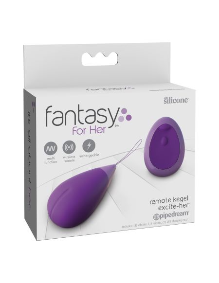 Fantasy For Her Remote Kegel Excite-Her Purple product packaging with features highlighted.