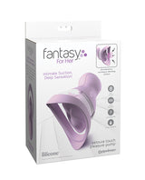 Fantasy For Her Veloura Touch Pleasure Pump Purple packaging showcasing intimate suction and deep sensation features.