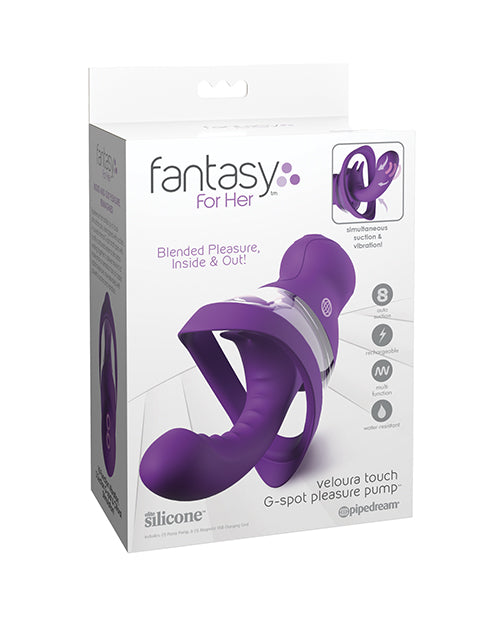 Fantasy For Her Veloura Touch G-Spot Pleasure Pump Purple packaging with sleek design and features highlighted.