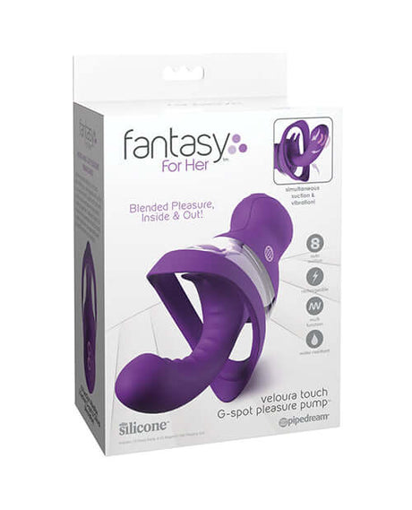 Fantasy For Her Veloura Touch G-Spot Pleasure Pump Purple packaging with sleek design and features highlighted.