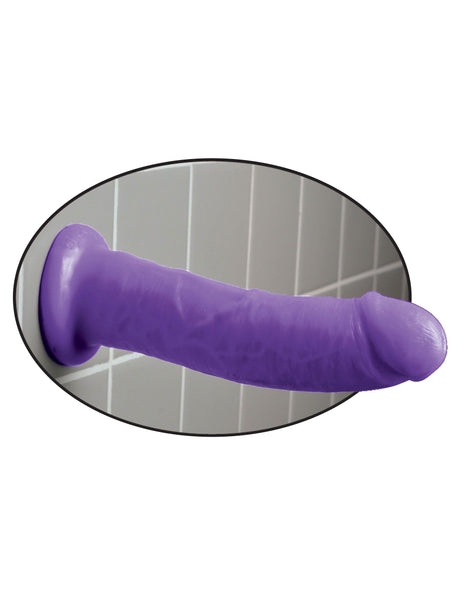 Dillio 8 Inch Realistic Suction Cup Dildo Purple mounted on a smooth surface showcasing its lifelike design.