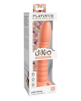 Dillio Platinum 7 inch Wild Thing Silicone Dildo Peach in packaging, featuring premium silicone and playful design.