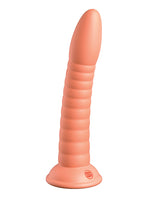 Dillio Platinum 7 inch Wild Thing Silicone Dildo Peach in peach color with ridged texture and sturdy base.