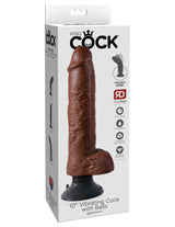 King Cock 10 Inch Vibrating Dildo with Balls Brown in box showcasing posable spine and suction base.