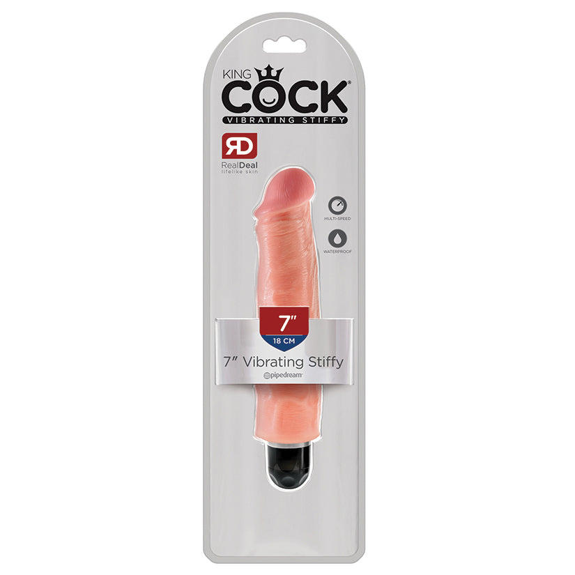King Cock Vibrating Stiffy Dildo 7 Inch Light packaging with realistic design and features.