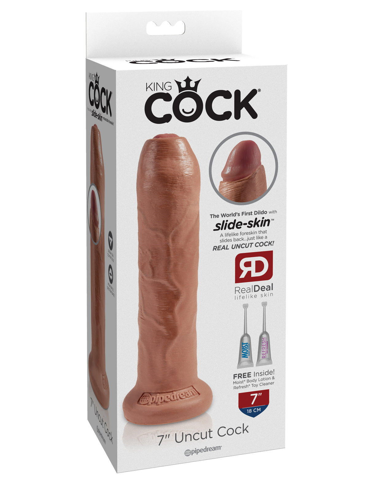 King Cock 7 Inch Uncut Suction Cup Dildo Tan packaging showcasing realistic design and Slide-Skin technology.
