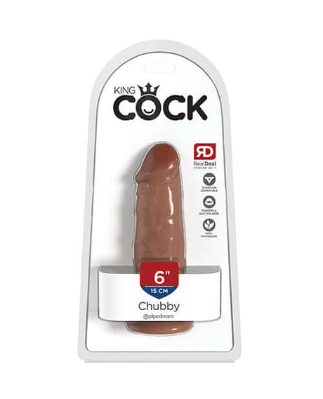 King Cock 6 Inch Chub Realistic Dildo Tan in packaging, showcasing its thick and compact design.