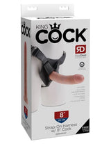 King Cock Strap On Harness with 8 Inch Dildo Vanilla packaging showcasing lifelike design and secure fit.