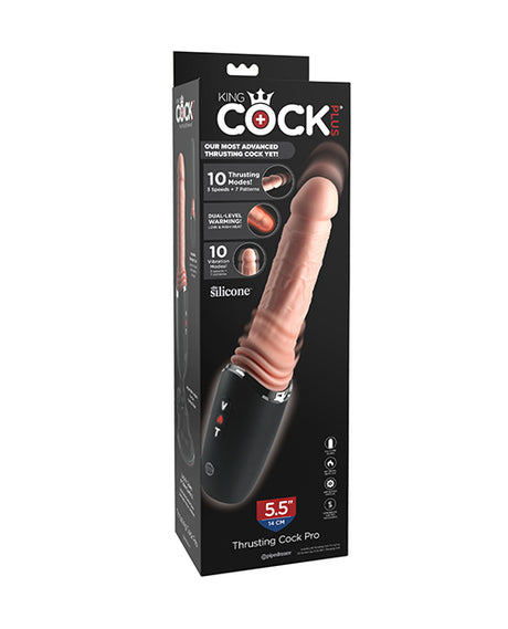 King Cock Plus Thrusting Cock Pro Light in packaging showcasing realistic design and customizable features.