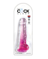 King Cock Clear 8 inch Cock with Balls Pink displayed in packaging showcasing its realistic design.