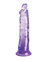 King Cock Clear 8 inch Dildo Purple showcasing a translucent design and lifelike shape.