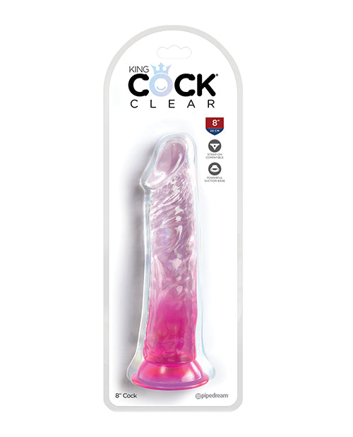 King Cock Clear 8 Inch Suction Cup Dildo Pink packaging showcasing its crystal-clear design and suction base.