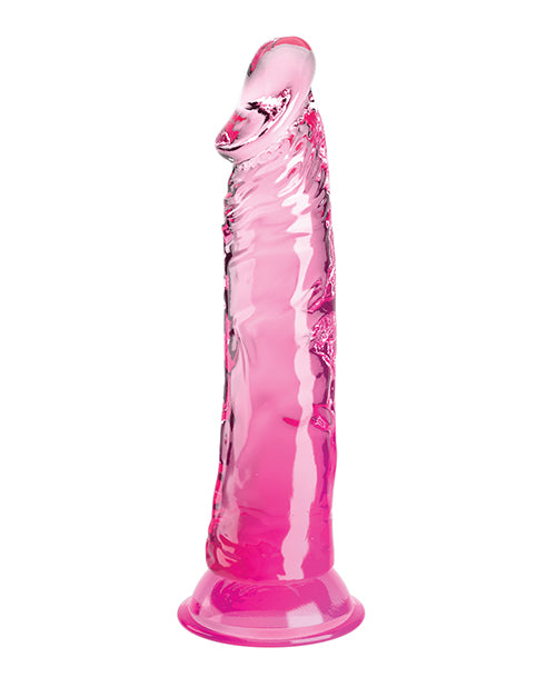 King Cock Clear 8 Inch Suction Cup Dildo Pink displayed upright, showcasing its lifelike design and crystal-clear body.