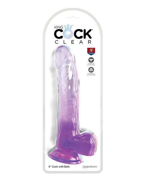 King Cock Clear 9 inches Cock with Balls Purple displayed in packaging showcasing its lifelike design and translucent style.