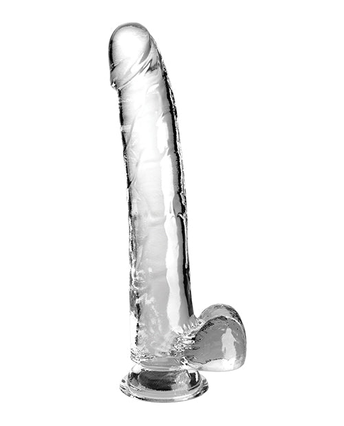 King Cock Clear 11 Inch Dildo With Balls showcasing a translucent design and realistic details for an immersive experience.