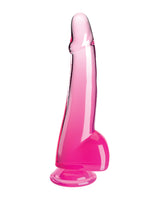 King Cock Clear 10 inch Cock with Balls Pink, realistic translucent dildo with lifelike design and flexible shaft.