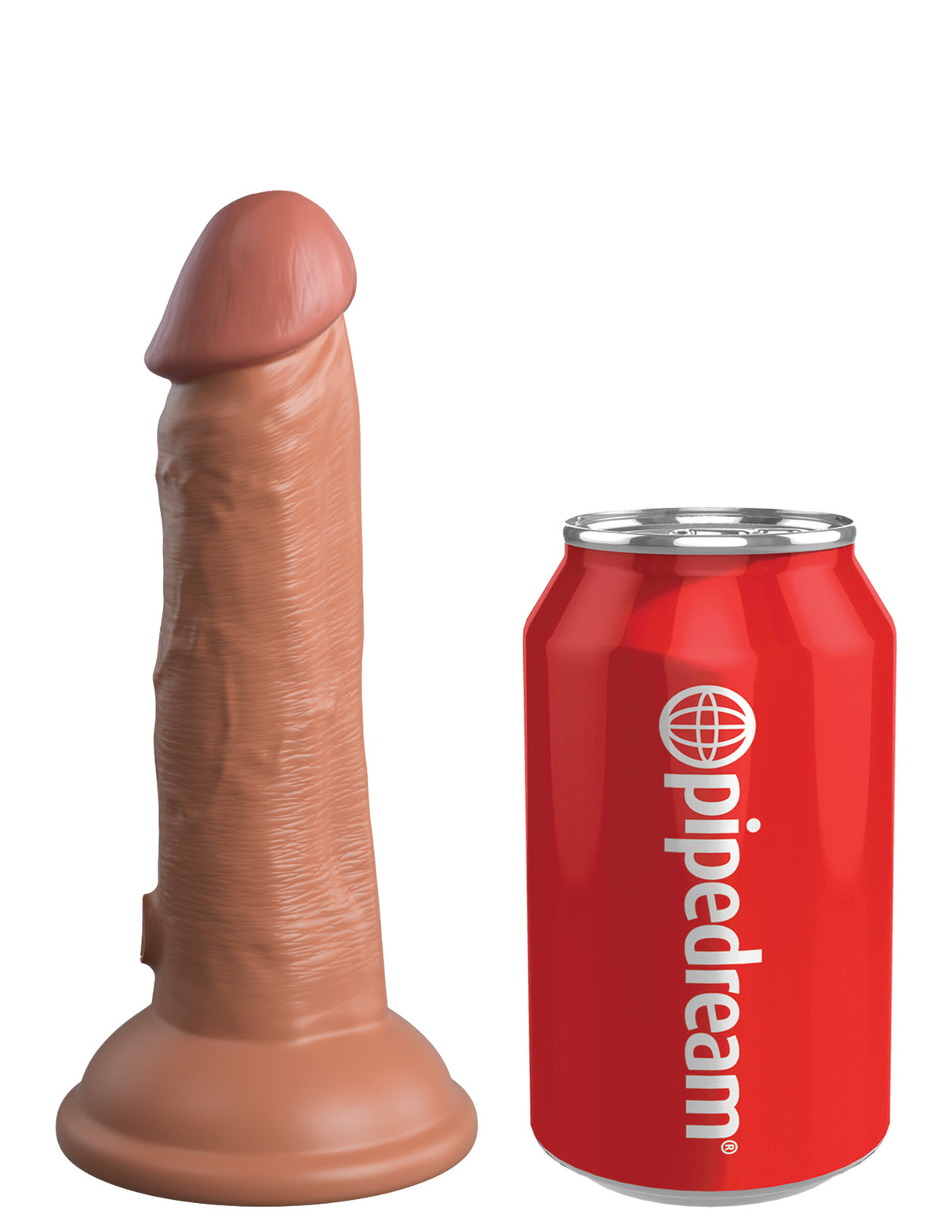 King Cock Elite 6 inch Dual Density Dildo Tan next to a soda can for size comparison.