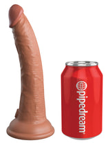 King Cock Elite 7 inch Dual Density Silicone Dildo Tan next to a soda can for size reference.