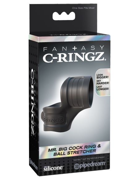 Fantasy C-Ringz Mr Big Cock Ring & Ball Stretcher Black packaging showcasing its dual-purpose design.