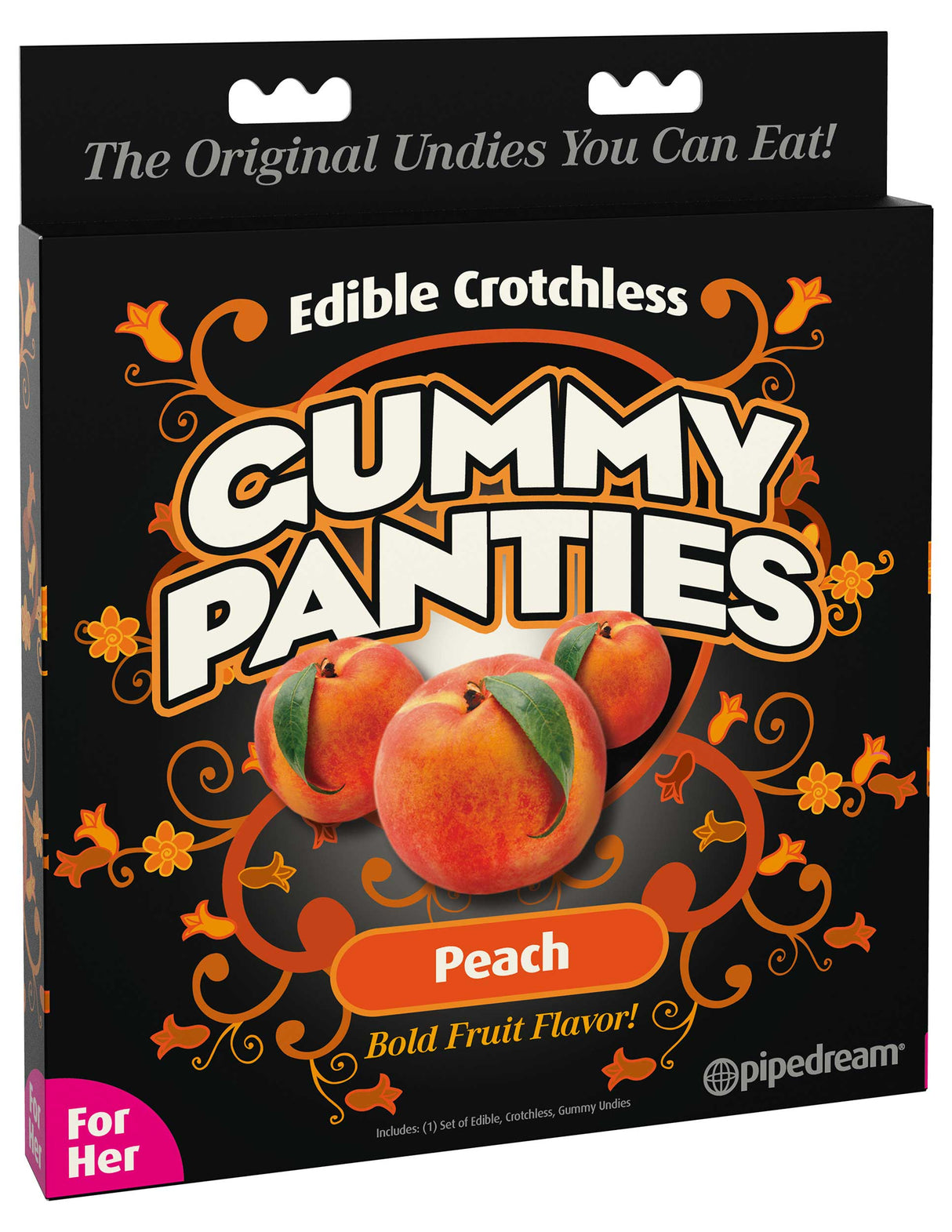 Edible Crotchless Gummy Panties Peach packaging featuring bold fruit flavor and playful design.