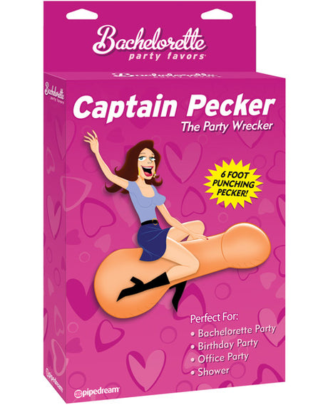 Bachelorette Party Favors Captain Pecker Inflatable packaging showing 6-foot novelty for bachelorette party fun.