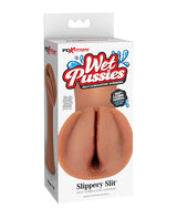 PDX Extreme Wet Pussies Slippery Slit Stroker Tan product packaging featuring self-lubricating male masturbator.