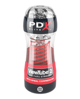 PDX Elite ViewTube 2 See-Thru Stroker Clear/Red showcasing its transparent sleeve and spiral compression design.