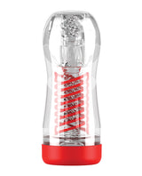 PDX Elite ViewTube 2 See-Thru Stroker Clear/Red showcasing its transparent sleeve for maximum visual stimulation.