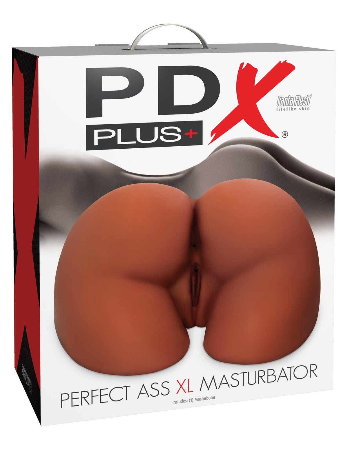 PDX Plus Perfect Ass XL Brown Masturbator packaging featuring a lifelike design for enhanced pleasure.