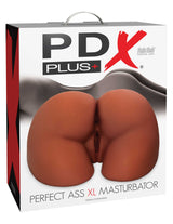 PDX Plus Perfect Ass XL Brown Masturbator packaging featuring a lifelike design for enhanced pleasure.