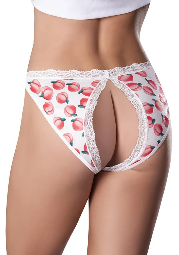 Magic Silk Sweet Treats Split Back Panty Peach 2XL in peach fruit print with delicate lace trim and exposed split back