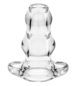 Perfect Fit Double Tunnel Butt Plug XL Ice Clear transparent anal toy with tapered sections and hollow tunnel.